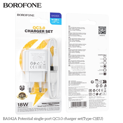 Bộ sạc 18W BOROFONE BAS42A (cóc 1 cổng USB, cáp USB ra Type C) (EU) có báo đèn LED chính hãng [BH 1 năm]