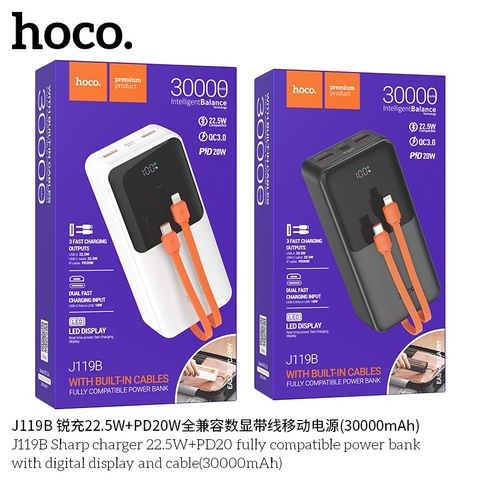 Pin sạc nhanh 22.5w HOCO J119B 30.000mAh dự phòng có màn hình lcd kèm cáp liền pin chính hãng [BH: 1 NĂM]