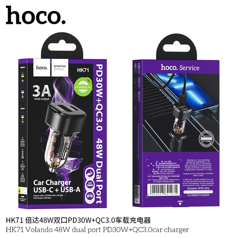 Cóc sạc nhanh xe hơi trong suốt 30w HOCO HK71 (1 cổng USB QC3.0 18W, 1 cổng Type C PD30W) chính hãng [BH 1 năm]