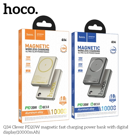 Pin sạc nhanh 20w + sạc không dây từ tính 15w HOCO Q34 10.000mAh sạc dự phòng có màn hình LED chính hãng [BH 1 năm]