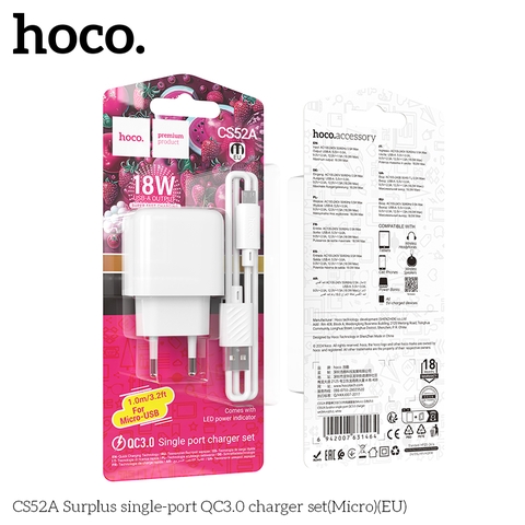 Bộ sạc nhanh 18W HOCO CS52A cáp USB ra Samsung Micro (EU) chính hãng [BH 1 Năm]