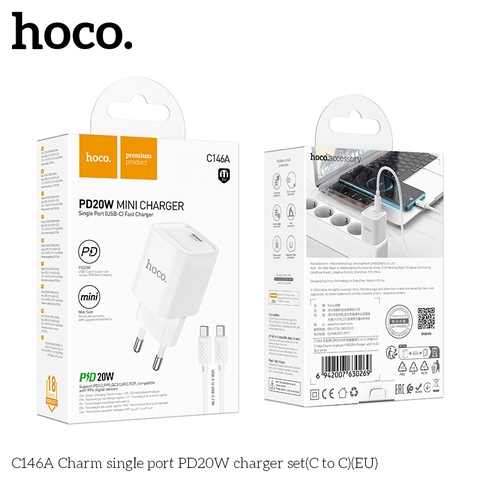 Bộ sạc nhanh 20W nhỏ gọn HOCO C146A cáp Type C ra Type C (EU) ; c-c chính hãng [BH 1 NĂM]