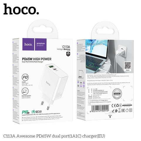 Cóc sạc nhanh 65W HOCO C113A (1 cổng usb, 1 cổng type-c) Chính Hãng  [BH 1 NĂM]