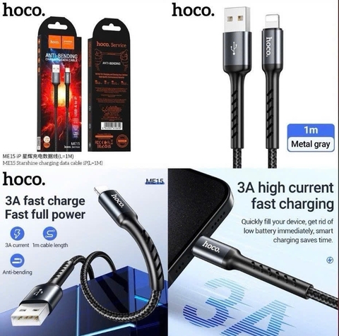 Cáp sạc nhanh 3A dây dù HOCO ME15 Usb ra iPhone 1M có đèn led báo sạc chính hãng [BH 1 năm]