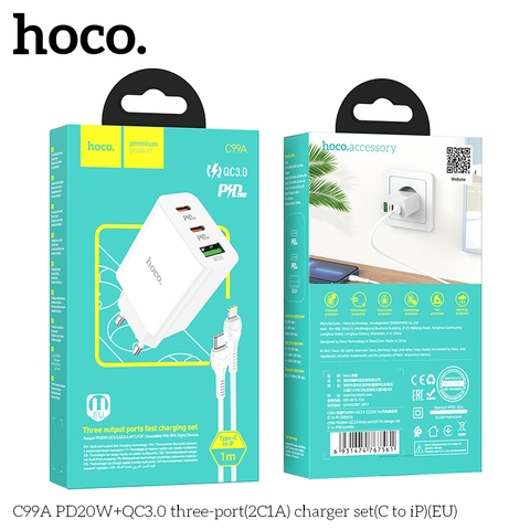 Bộ sạc nhanh 20w HOCO C99A (c-l) EU (cóc 3 cổng 1A QC3.0+ 2C PD20W; kèm cáp Type C ra lightning iPhone) chính hãng [BH 1 năm]
