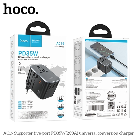 Cóc sạc chuyển đổi đa năng HOCO AC19 PD35W 3 cổng USB + 2 cổng Type C (du lịch) chính hãng [BH 1 NĂM]