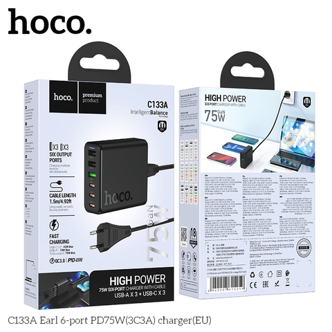 Cóc sạc nhanh 75w HOCO C133A (3 cổng USB + 3 cổng Type C PD) (3C3A) EU chính hãng [BH 1 năm]