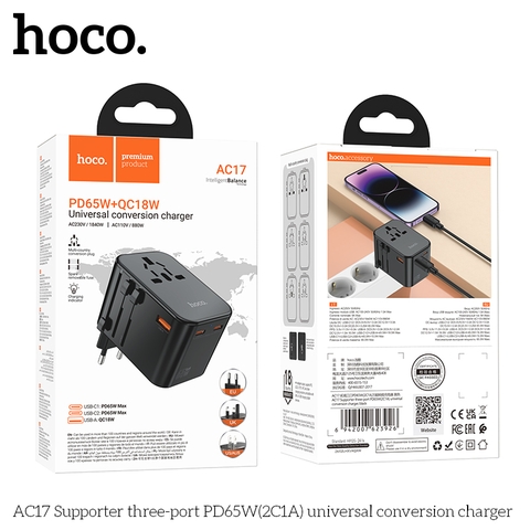 Cóc sạc chuyển đổi đa năng HOCO AC17 PD65W 1 cổng USB + 2 cổng Type C (du lịch) chính hãng [BH 1 NĂM]