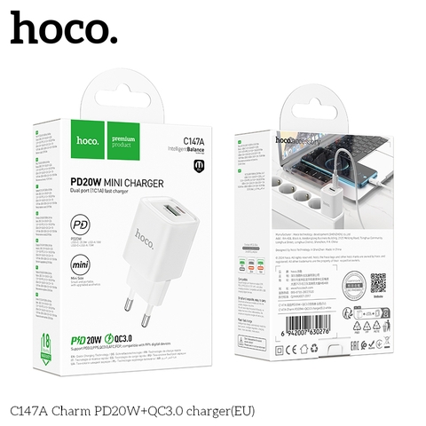Cóc sạc nhanh 20w HOCO C147A (EU) (1 cổng USB QC3.0 + 1 cổng Type C PD) chính hãng [BH 1 năm]