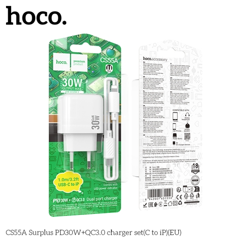 Bộ sạc nhanh 30W HOCO CS55A (Cóc 1 cổng USB QC 3.0 + 1 cổng Type C PD30W, Cáp Type C ra iPhone Lighting) (EU) báo đèn LED chính hãng [BH 1 năm]