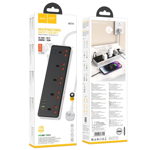 Ổ cắm điện Hoco AC14 chính hãng dây dài 1,5m gồm 3 cổng USB+1C 30W (US) [BH: 1 năm]
