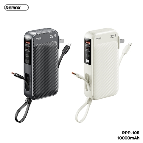 Pin sạc nhanh 22.5w REMAX RPP-105 10.000mAh dự phòng kèm cáp liền pin, sạc ổ điện chính hãng [BH 1 Năm]