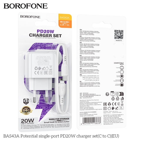 Bộ sạc nhanh 20W BOROFONE BAS43A (cóc 1 cổng Type C, cáp Type C ra Type C) (EU) có báo đèn LED chính hãng [BH 1 năm]
