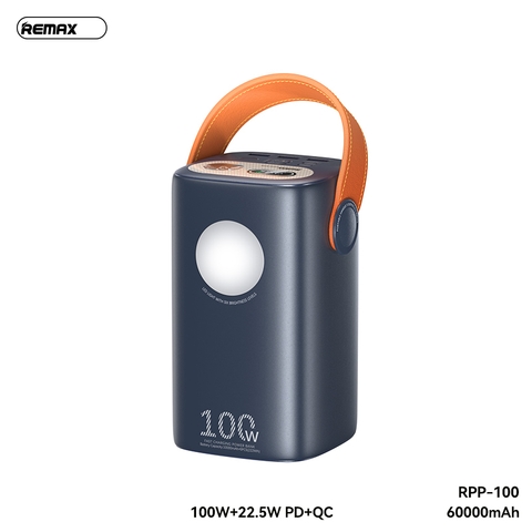 Pin sạc nhanh 100w REMAX RPP-100 60.000mAh dự phòng QC3.0+PD tích hợp đèn pin chính hãng [BH: 1 NĂM]