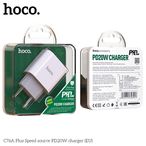 Cóc sạc nhanh 20w HOCO C76A Plus (1 cổng Type-C PD20W) chính hãng [ BH 1 NĂM]