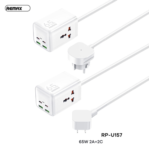 Ổ cắm điện sạc nhanh 65W REMAX RP-U157 EU (2 cổng USB + 2 cổng Type C + 2 lỗ cắm 2500w) dây dài 1.5m chính hãng [BH 1 năm]