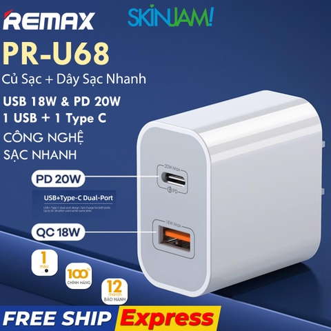 CÓC SẠC NHANH 20W REMAX RP-U68 (US) 1 CỔNG USB QC3.0 18W VS 1 CỔNG TYPE C PD 20W CHO IPHONE 11 12 13 CHÍNH HÃNG {KHÔNG KÈM CÁP} [BH 1 NĂM]