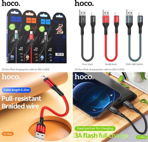Cáp sạc nhanh 3A ngắn 25cm usb ra iPhone HOCO X2 MAX chui lightning dây dù chính hãng [BH 1 năm]