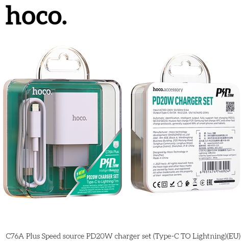 Bộ Sạc Nhanh 20W HOCO C76A Plus (c-l) Type C ra iPhone Lightning Chính Hãng [BH: 1 NĂM]