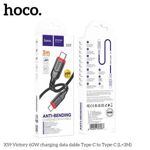 Cáp sạc nhanh 60W HOCO X59 (C-C 3M) (2 đầu Type-C ra Type-C 3 mét) chính hãng [BH: 1 NĂM]