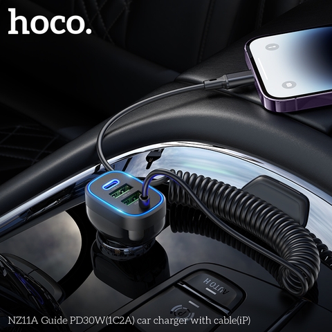 Bộ sạc cho xe hơi 30W HOCO NZ11A cáp iPhone (1 cổng Type C PD + 2 cổng USB) chính hãng [BH 1 NĂM]