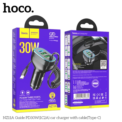 Sạc xe HOCO NZ11A cáp Type-C 2U1C 30W chính hãng [BH 1 NĂM]