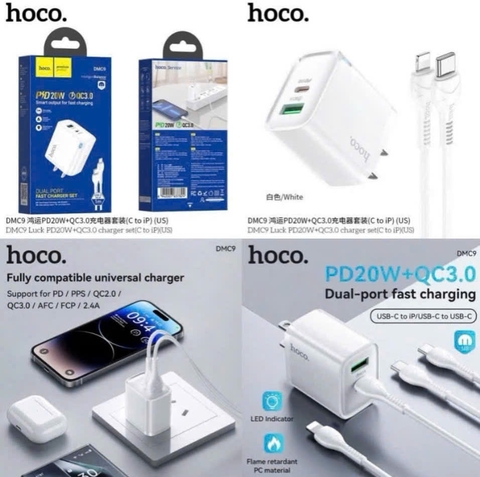 Bộ sạc nhanh 20w Hoco DMC9 cóc 2 cổng sạc (1 usb 1 type c) kèm cáp type c ra iphone (C-L) chính hãng [Bh 1 Năm]