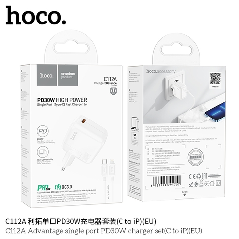 Cóc sạc HOCO C112A cổng Type-C PD 30W, QC3.0 [BH: 1 NĂM]