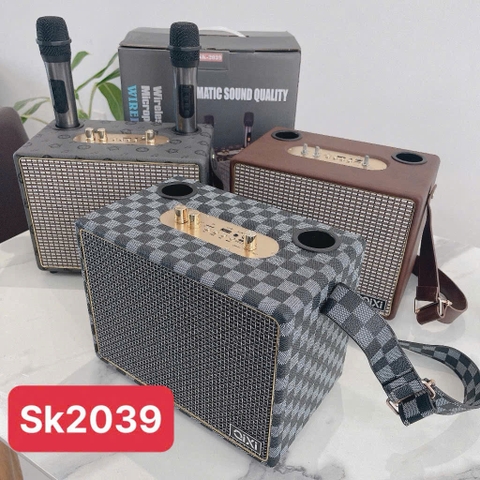 Loa bluetooth karaoke QIXI SK2039 mẫu loa để bàn có quai xách kèm 2 micro không dây siêu hay
