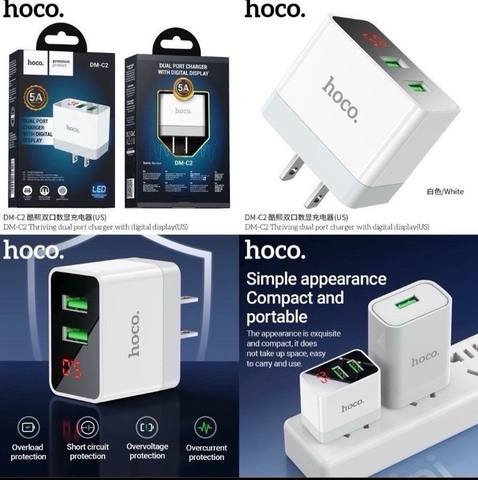 Cóc sạc nhanh 5A Hoco DM-C2 US  2 CỔNG USB, có MÀN HÌNH hiển thị chính hãng [BH: 1 NĂM]