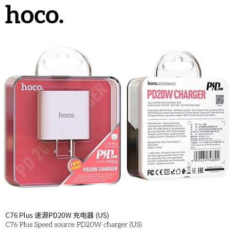 Cóc sạc nhanh 20w Hoco C76 Plus PD 1 cổng type c cho iPhone 11 12 13 Pro Max chính hãng [BH 1 năm]