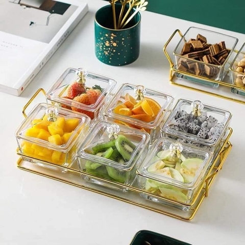 Bộ 6 khay mứt Tết thủy tinh vuông khay mạ vàng sang trọng [BH: NONE] 1l1a12