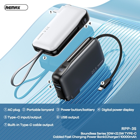 Pin sạc nhanh 22.5w Remax RPP-35 10.000mAh dự phòng PD QC3.0 kèm cáp liền pin, ghim sạc ổ điện chính hãng [BH 1 năm]
