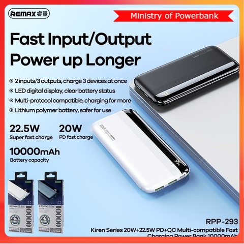 Pin sạc nhanh 22.5w Remax RPP-293 10.000mAh PD QC3.0 sạc dự phòng chính hãng [BH 1 năm]