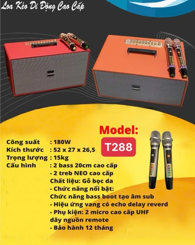 Loa bluetooth Karaoke xách tay SoundBox T288  gỗ bọc giả da siêu đẹp kèm 2 mic UHF chống hú