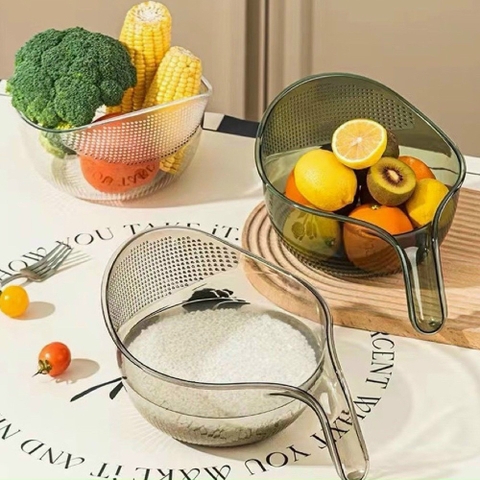 Ca, rổ nhựa vo gạo kiêm đựng rau củ trái cây đa năng trong suốt có lỗ lọc nước kèm quai cầm nhà bếp tiện lợi / pktn sale