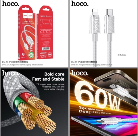 Cáp sạc nhanh 27W Hoco DM-X9 (c-l) type c ra lightning iPhone dây dù chính hãng [BH: 1 NĂM]