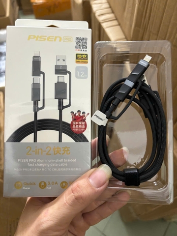 Cáp sạc nhanh 3A max Pisen 2in2 Usb ra Type c + Lightniing và Type C ra Type C + Lightning dây dù  [BH: 1 NĂM]