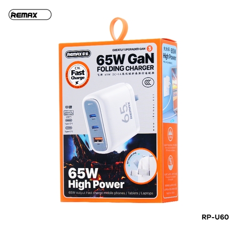 Cóc sạc nhanh 65W Remax RP-U60 CN 3 Cổng GaN (2 cổng Type C PD65W+ 1 Cổng USB QC3.0) Chính hãng [BH: 1 NĂM]
