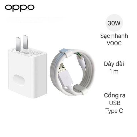 Bộ sạc nhanh 30w Reno Vooc Type c QC3.0 (Cóc 1 cổng usb, cáp usb ra type C G5) [BH: 6 tháng]