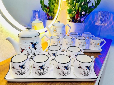 Trọn bộ 1 ấm trà+ 6 ly+ 1 khay sứ CAO CẤP TN205 Tết, decor siêu sang- họa tiết về theo lô [BH: NONE]