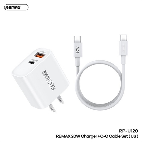 Bộ sạc nhanh 20w Remax RP-U120 US (C-C) cóc 1 cổng typec vs 1 cổng usb kèm cáp 2 đầu typec chính hãng [BH 1 Năm]