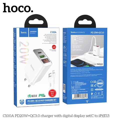 Bộ sạc nhanh 20w HOCO C100A (c-l) LCD kèm cáp Type C ra iPhone Lightning (Cóc 1 cổng USB QC3.0 vs 1 cổng Type C PD) cho iPhone 11 12 13 Pro Max chính hãng [BH 1 năm]