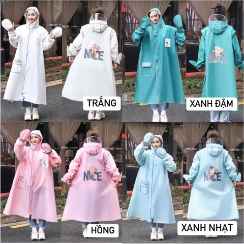 Áo mưa khóa kéo, nút bấm, thiết kế dài tay chất liệu nhựa PVC họa tiết Ni-Ce Bear  [BH: NONE]
