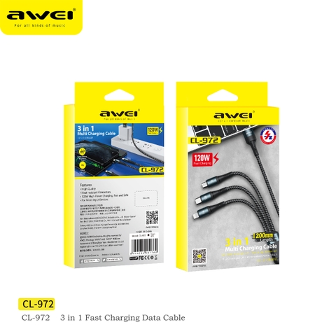 Cáp sạc nhanh 120W 3 đầu Awei CL-972 1.2m đa năng chính hãng [BH 1 năm]