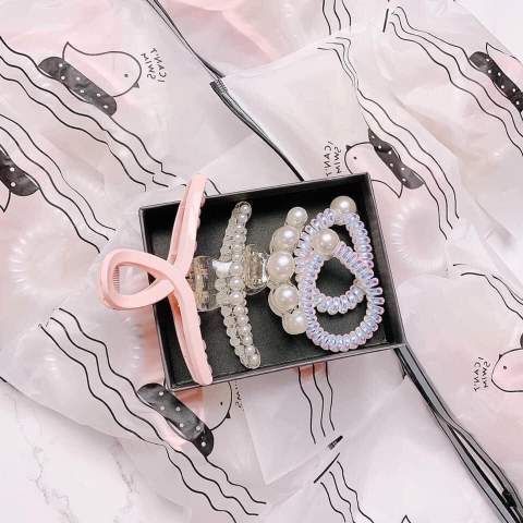 Set 5 kẹp tóc Ngọc trai đựng túi Zip phong cách