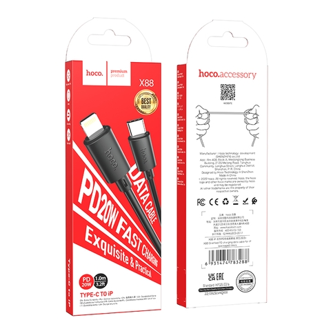 Cáp sạc nhanh 20w HOCO X88 (c-l 1m) PD (Type C ra iPhone Lightning) 1 mét chính hãng [BH 1 năm]