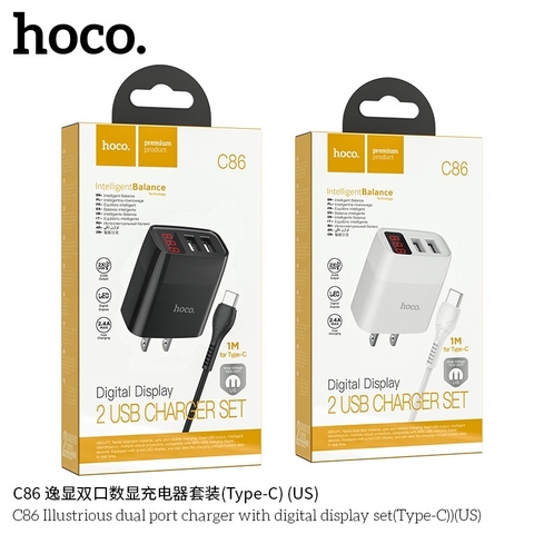 BỘ SẠC NHANH HOCO C86 USB RA TYPE C CÓC 2 CỔNG USB CÓ ĐÈN LED MÀN HÌNH LCD CHÍNH HÃNG [BH 1 NĂM]