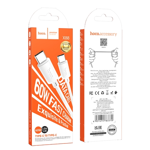 Cáp sạc nhanh 60w HOCO X88 2 đầu Type C 1 mét chính hãng [BH 1 năm]