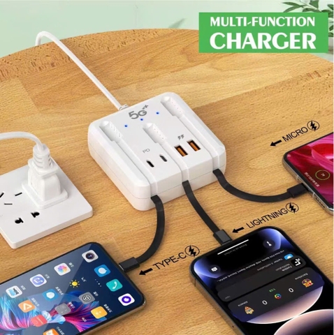 Dây Hub chuyển sạc nhanh 66w 5G++ 7in1 ( 2 cổng usb + 2 cổng type c+ 3 cáp sạc liền thân [2 type c + 1 lightning]) [BH: 1 THÁNG]